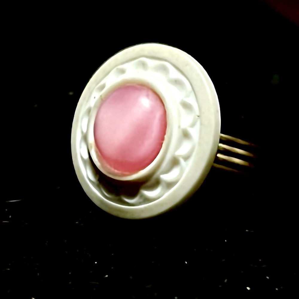 Beautiful white and pink pearlescent glass ring on adjustable brass base
